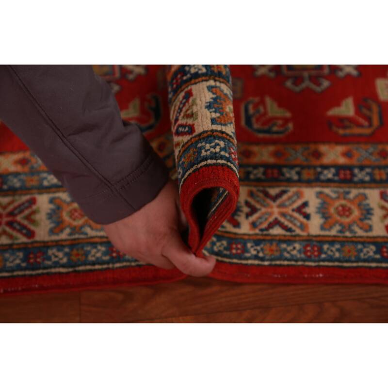 Red Geometric Kazak Foyer Rug Hand-Knotted Wool Carpet - 2'7"x 4'0"
