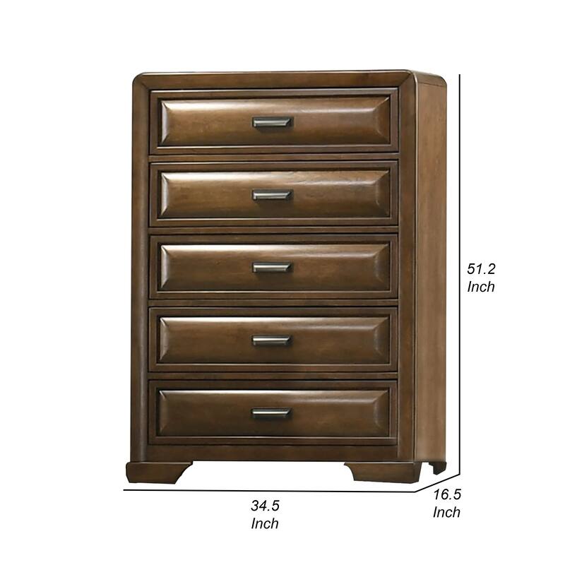 Cair Tall Dresser Chest, 5 Beveled Drawers, Bronze Metal, Brown Wood