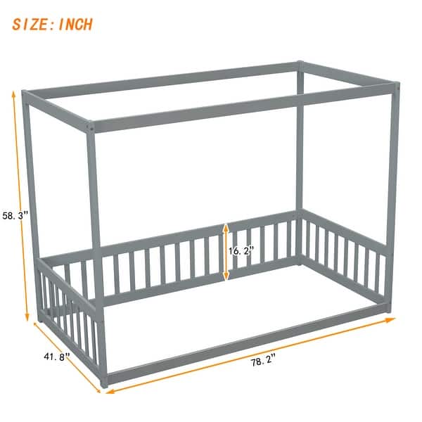 dimension image slide 1 of 3, Twin Size Mattresses Canopy Bed Frame with Fence, Guardrails, Playroom Floor Bed Kids Four Corner Beds for Children's Room