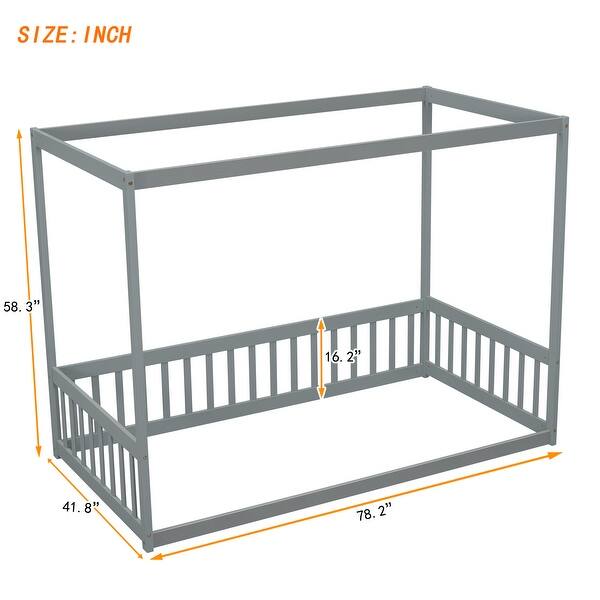 dimension image slide 2 of 3, Twin Size Pine Wood Canopy Frame Floor Bed with Fence and Guardrails for Bedroom