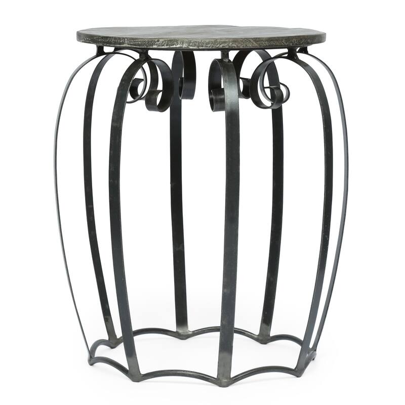 Side End Table, Gray Iron Frame, Round Brown Mango Wood Top, 21 Inch