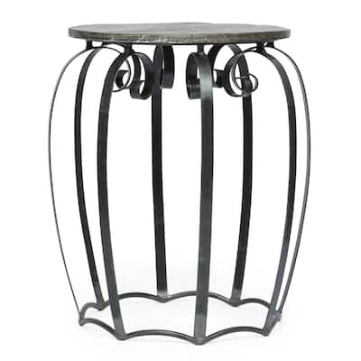 Side End Table, Gray Iron Frame, Round Brown Mango Wood Top, 21 Inch