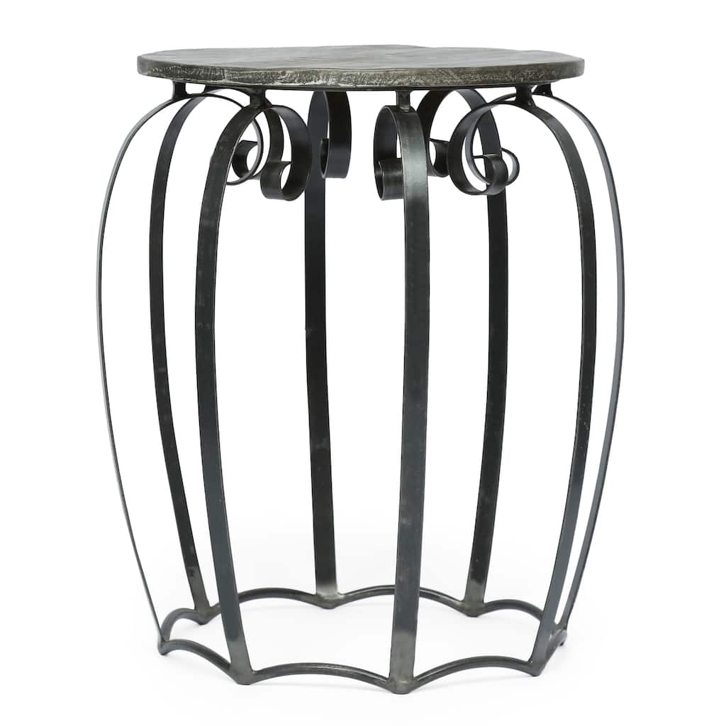 Side End Table, Gray Iron Frame, Round Brown Mango Wood Top, 21 Inch