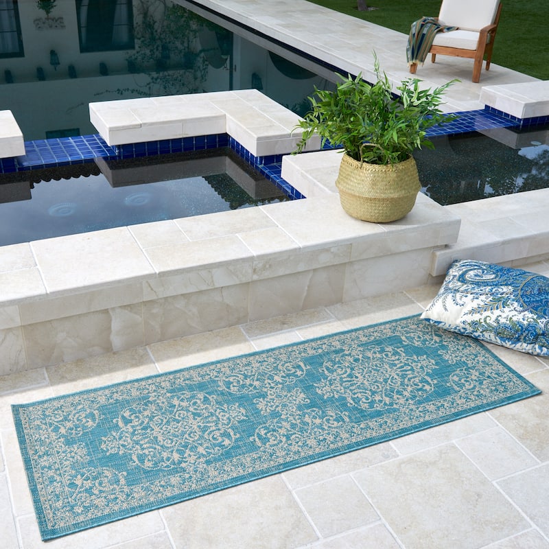 Gertmenian Paseo Ryoan Oasis Aqua/Ivory Traditional Medallion Flatweave Indoor/ Outdoor Area Rug