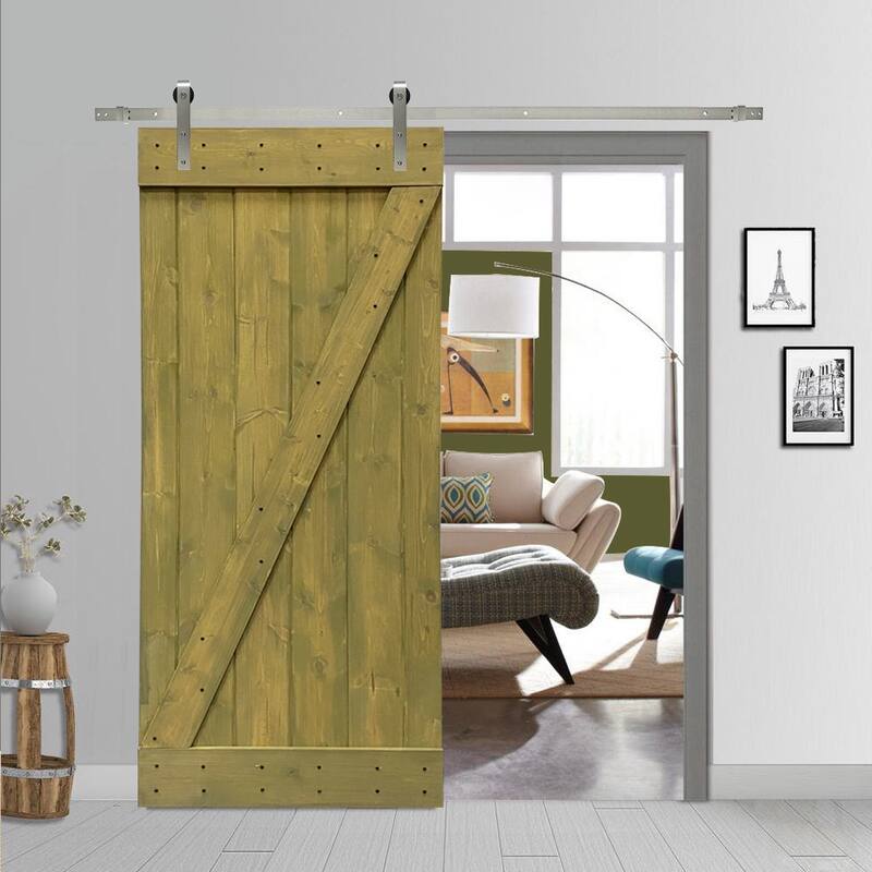 CALHOME Z Bar Series Solid Pine Wood Sliding Barn Door w/ Hardware Kit - Jungle Green - 36 x 84