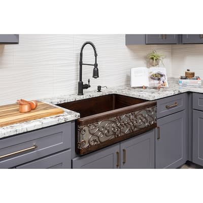 33-in Hammered Copper Kitchen Apron Single Basin Sink w/ Scroll Design and Accessories (KSP3_KASDB33229S-NB)