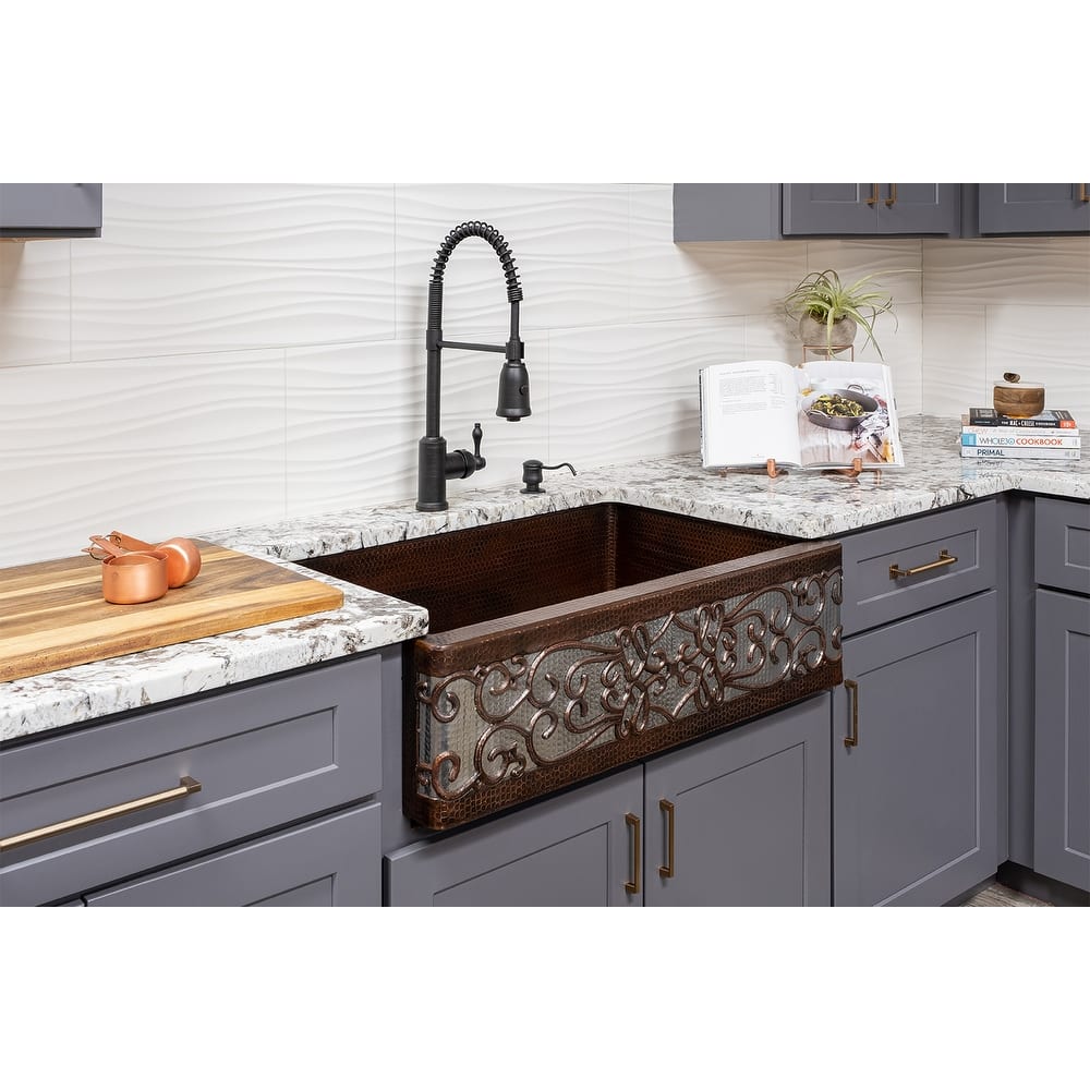 33-in Hammered Copper Kitchen Apron Single Basin Sink w/ Scroll Design and Accessories (KSP3_KASDB33229S-NB)