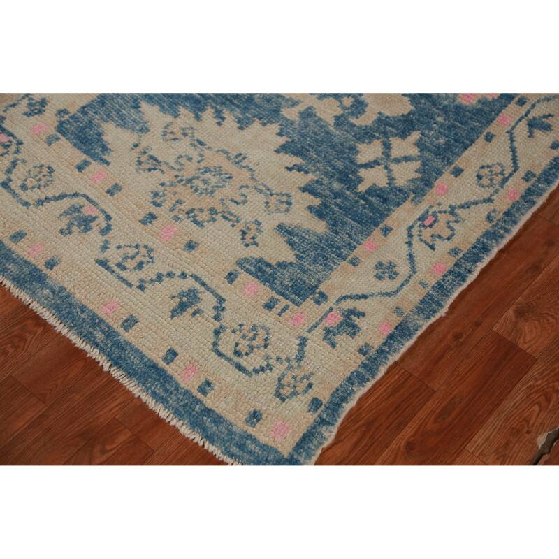 Hand Knotted Oriental 100% Wool Carpet Transitional Geometric Navy Blue & Blues Oushak Runner Rug - 9' 4'' X 3' 0''