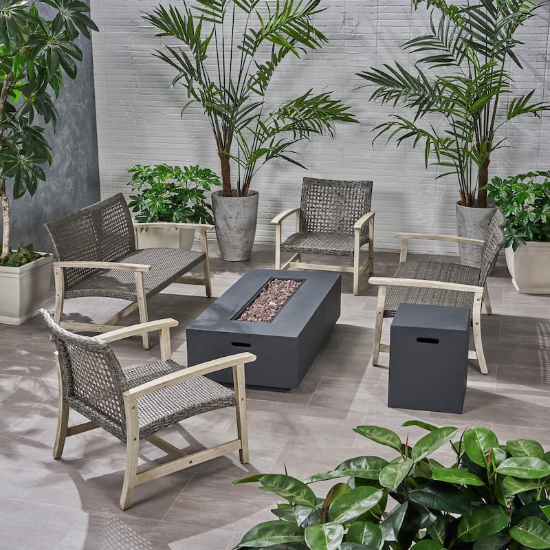 Augusta Outdoor Acacia Wood and Wicker 6 Seater Chat Set with Fire Pit by Christopher Knight Home
