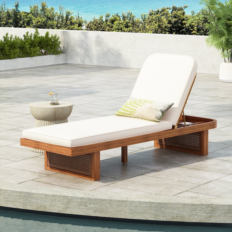 Christopher Knight Home - Veridiana Patio Acacia Wood ann PE Rattan Chaise Lounger with Removable Cushion - Natural + Beige