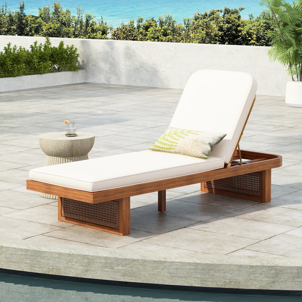 Roomfitters Outdoor Acacia Wood Lounge Chair, Adjustable Reclining Back, PE Rattan Accents