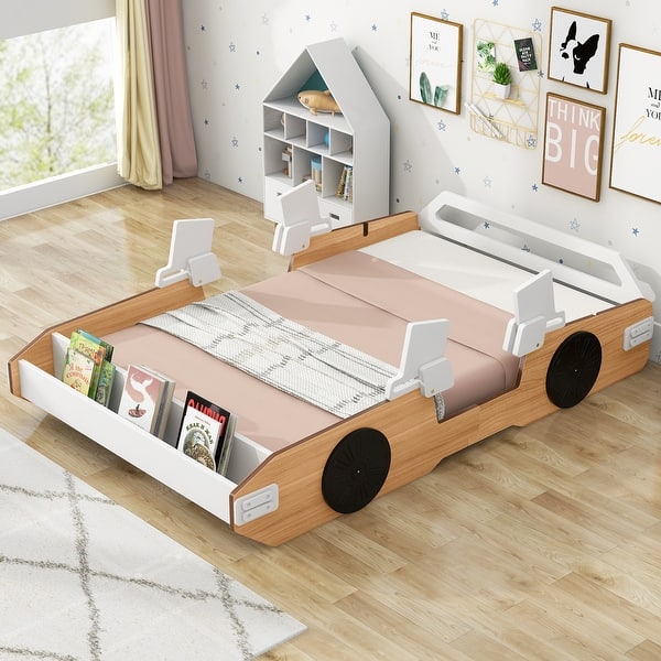 slide 2 of 8, Fun Twin Racing Car Bed with Adjustable Backrest, Storage Rack, and Liftable Doors, Sturdy Wood Frame Twin - Natural
