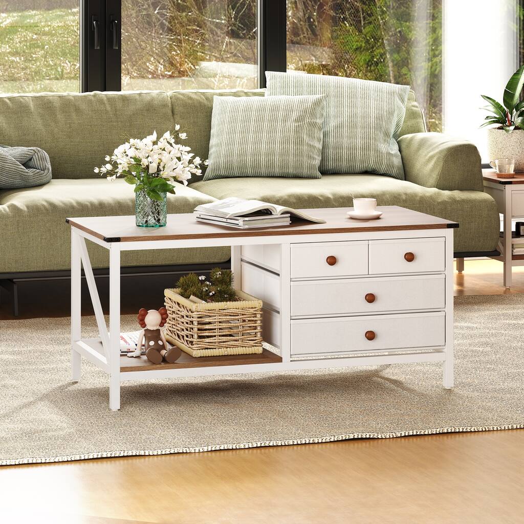 Sofa Couch Side Storage Accent Coffee Table with Drawers and Open Shelf - 43.3" W x 19.7" D x 19.5" H