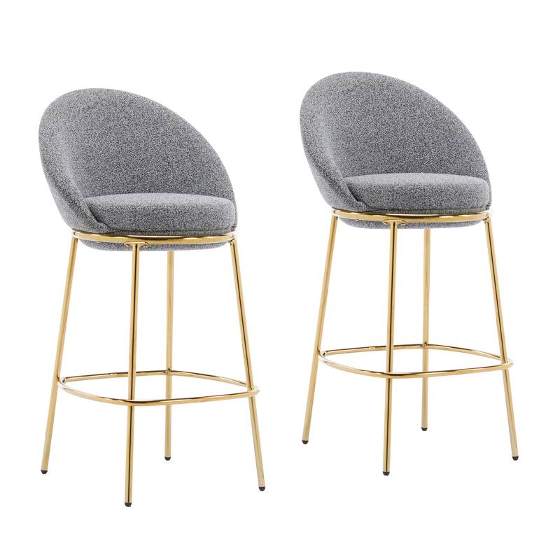 Celano Indoor Metal Upholstered Barstool, Gold-Plated Frame and Mixed Gray Upholstery, Set of 2