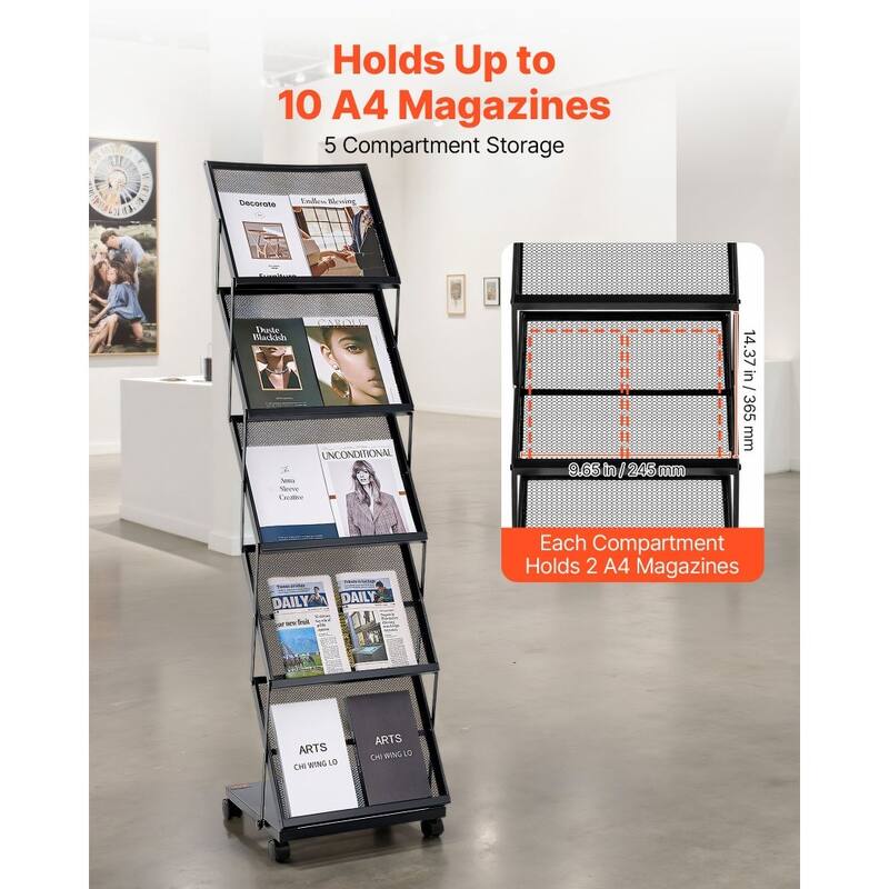 5-Tier Metal Magazine Display Rack with Wheels Mobile Literature Stand for Brochures, Catalogs & Magazines