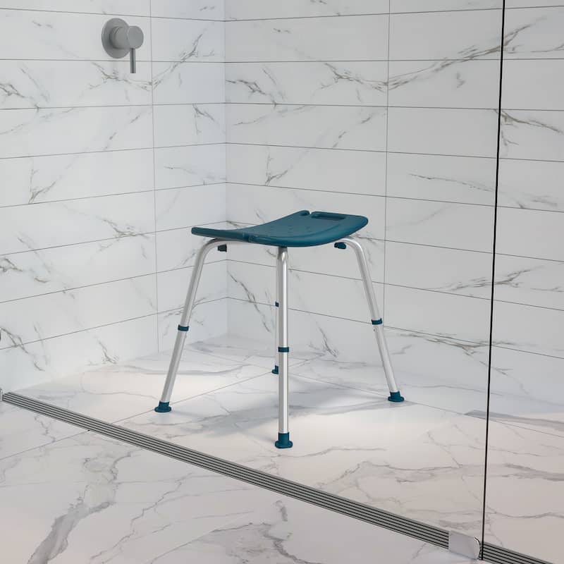 Tool-Free 300 Lb. Capacity, Adjustable Bath & Shower Chair w/Non-slip Feet - 17"D x 19"W x 14.5" - 21.5"H - Navy