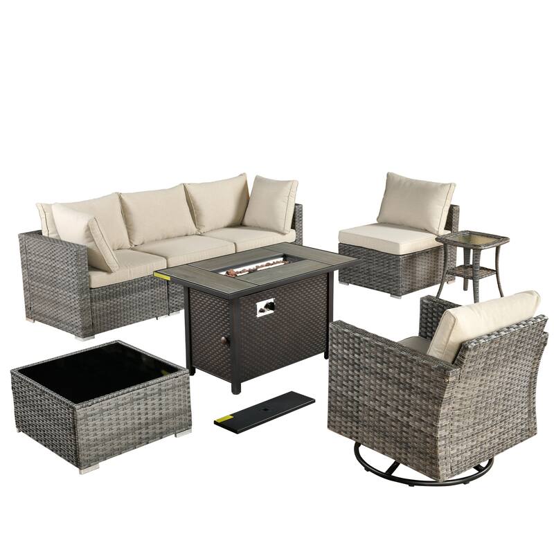 XIZZI 8-piece Patio Outdoor Wicker Furniture Swivel Chair Set with Firepit Table
