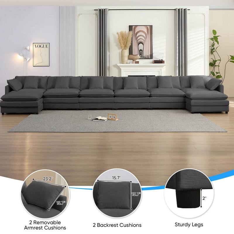 Mixoy 217''U-Shaped Modular Sectional Sofa,8-Seater Cloud Couch with Ottoman and Cushions,Sleeper Deep Seat Couches - 6+2