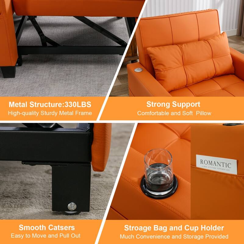 3-in-1 Pull out Convertible Futon Sleeper Armchair Beds with USB Ports