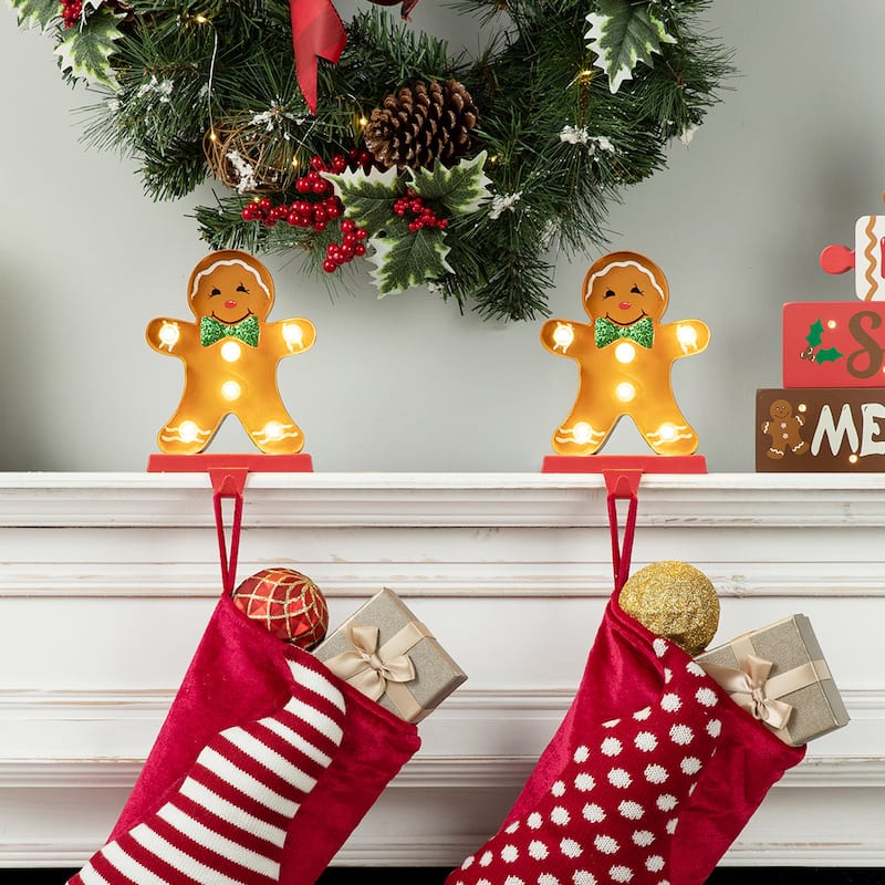 Glitzhome Christmas Marquee LED Gingerbread Man House Stocking Holders Mantel Ornament