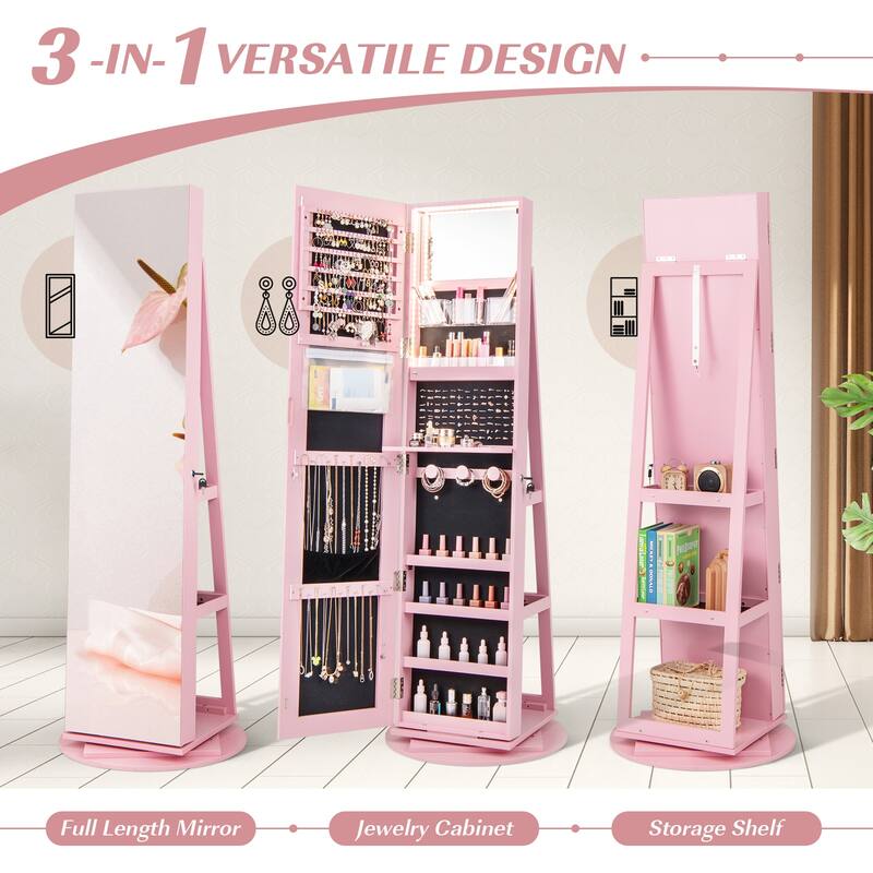 Gymax 360° Rotating Mirrored Jewelry Cabinet Armoire 3 Color LED Modes