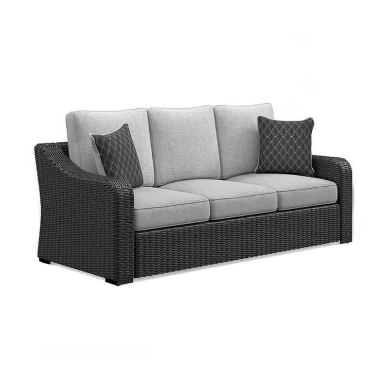 Tira Outdoor Sofa, 83 Inch, 2 Accent Pillows, Gray, Black Woven Wicker