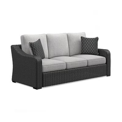 Tira Outdoor Sofa, 83 Inch, 2 Accent Pillows, Gray, Black Woven Wicker