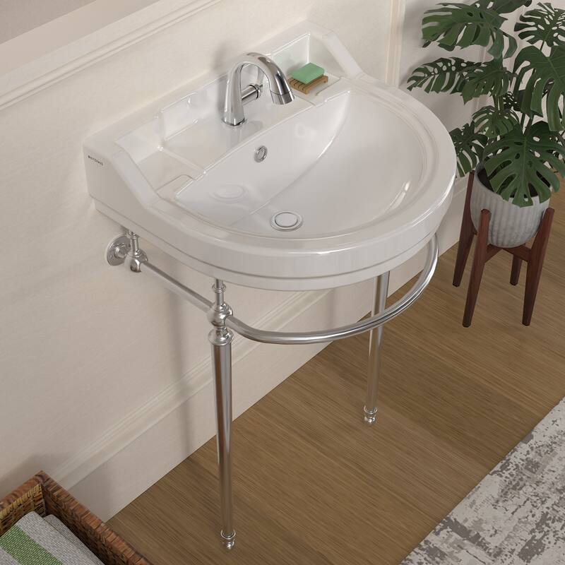 Whitehaus Console Sink With Semi-Circular Bowl, Metal Leg Supports and Front Towel Bar.