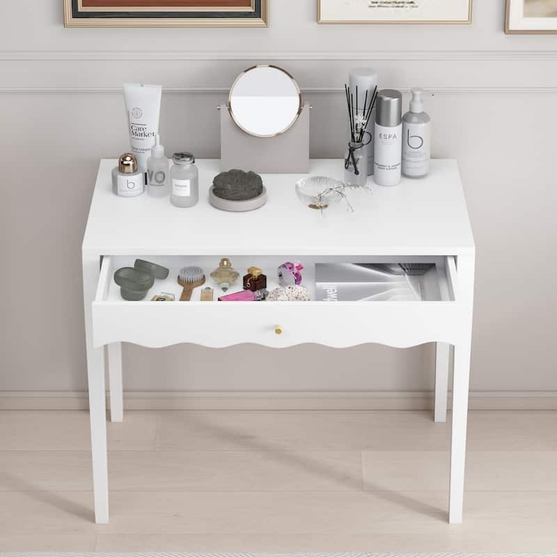 35.43"Vanity Desk with Drawer - Modern Makeup Table with Scalloped Front & Gold Knob, Compact Writing Desk with 4 Sturdy Legs