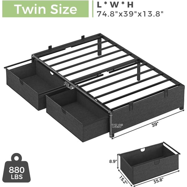 Twin Size Bed Frame 2 Large Storage Drawers Platform Bed Metal Kids