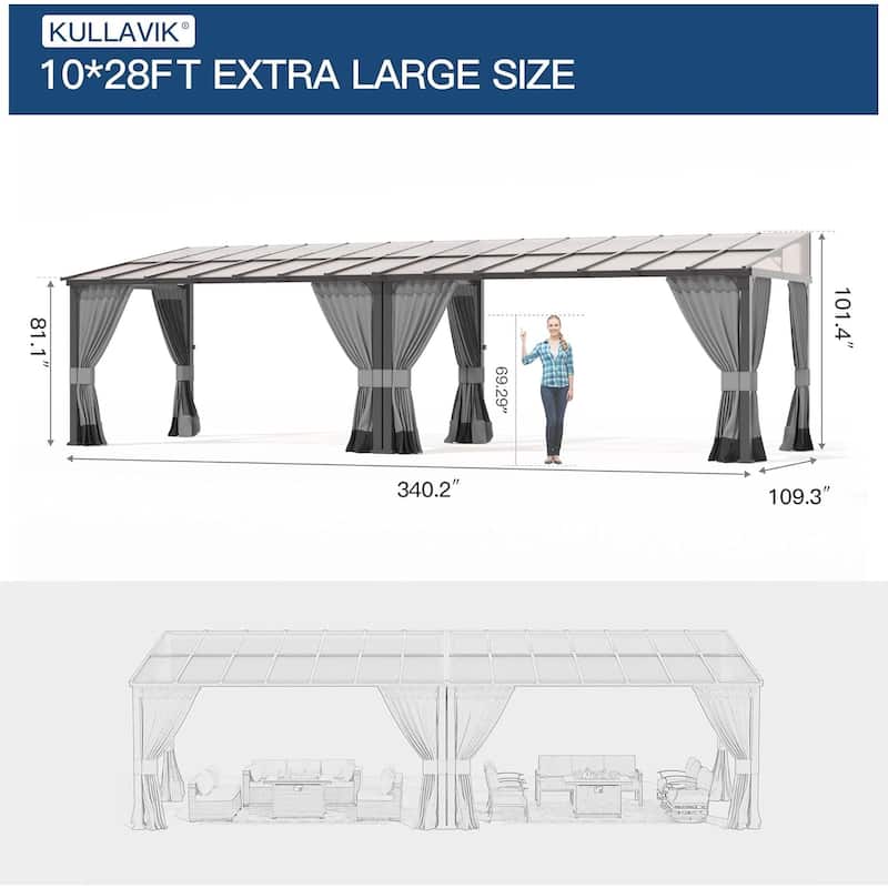 Wall Mounted Gazebo, Hardtop Permanent Outdoor Shade Canopy with Curtains for Deck, Backyard, Patio