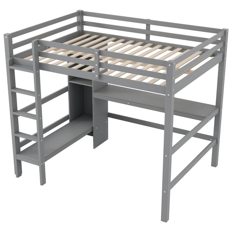 Full Size Loft Bed with Multifunction Shelves and Under-bed Desk