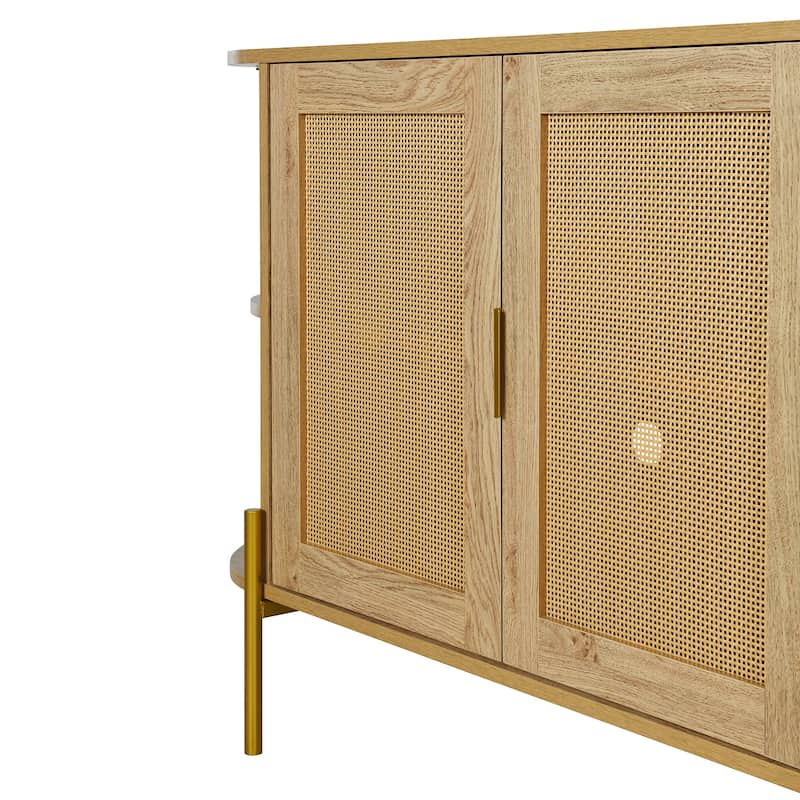2-Door Elegant Curved Dining Cabinet with Gold Trim and Woven Rattan Doors for Dining Room