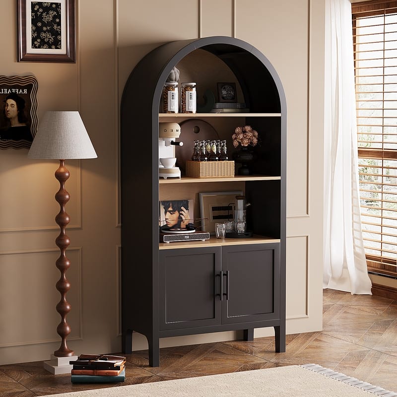 Mid-Century Modern 66.7" Arched Bookcase, 3-Tier Arched Bookshelf Cabinet