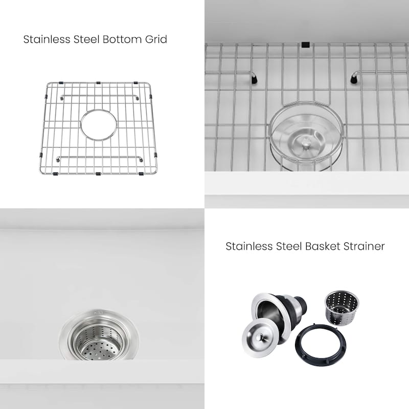 White Fireclay Farmhouse Undermount Kitchen Sink with Bottom Grid and Strainer