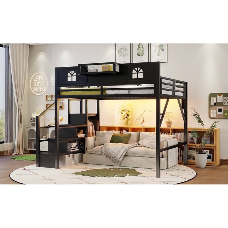 Roomfitters Full/Queen Metal Loft Platform Bed, Staircase Wardrobe and LED Charging Station with House Guardrails for Bedrooms