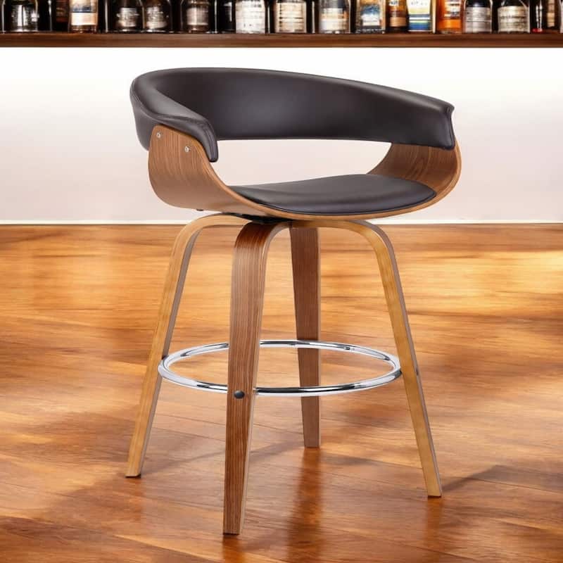 Brown Faux Leather Swivel Counter Height Bar Chair with Iron Frame and Footrest