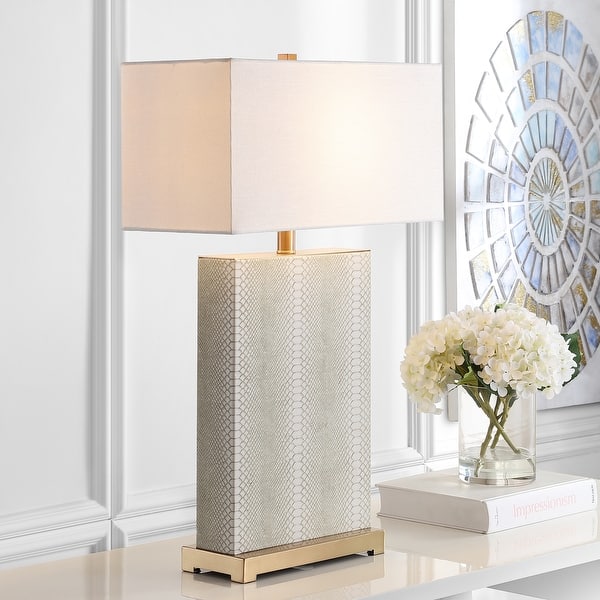slide 2 of 9, SAFAVIEH Lighting 28-inch Joyce Faux Snakeskin Cream Table Lamp (Set of 2) - 18"x8 "x27.75"