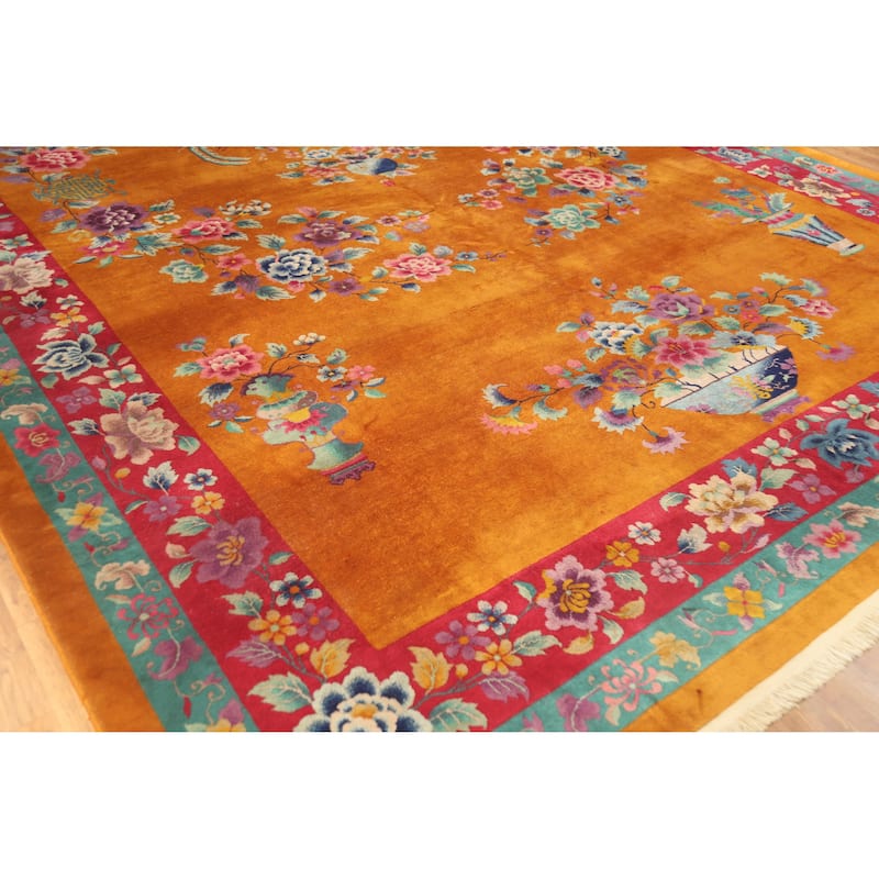 Vegetable Dye Art Deco Nichols Chinese Vintage Large Wool Carpet - 10'10" x 17'6"