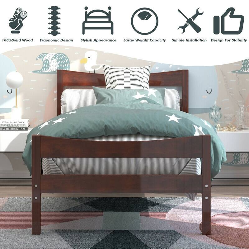 Pine Wood Twin Size Platform Bed Frame with Slat Support and Headboard-Footboard