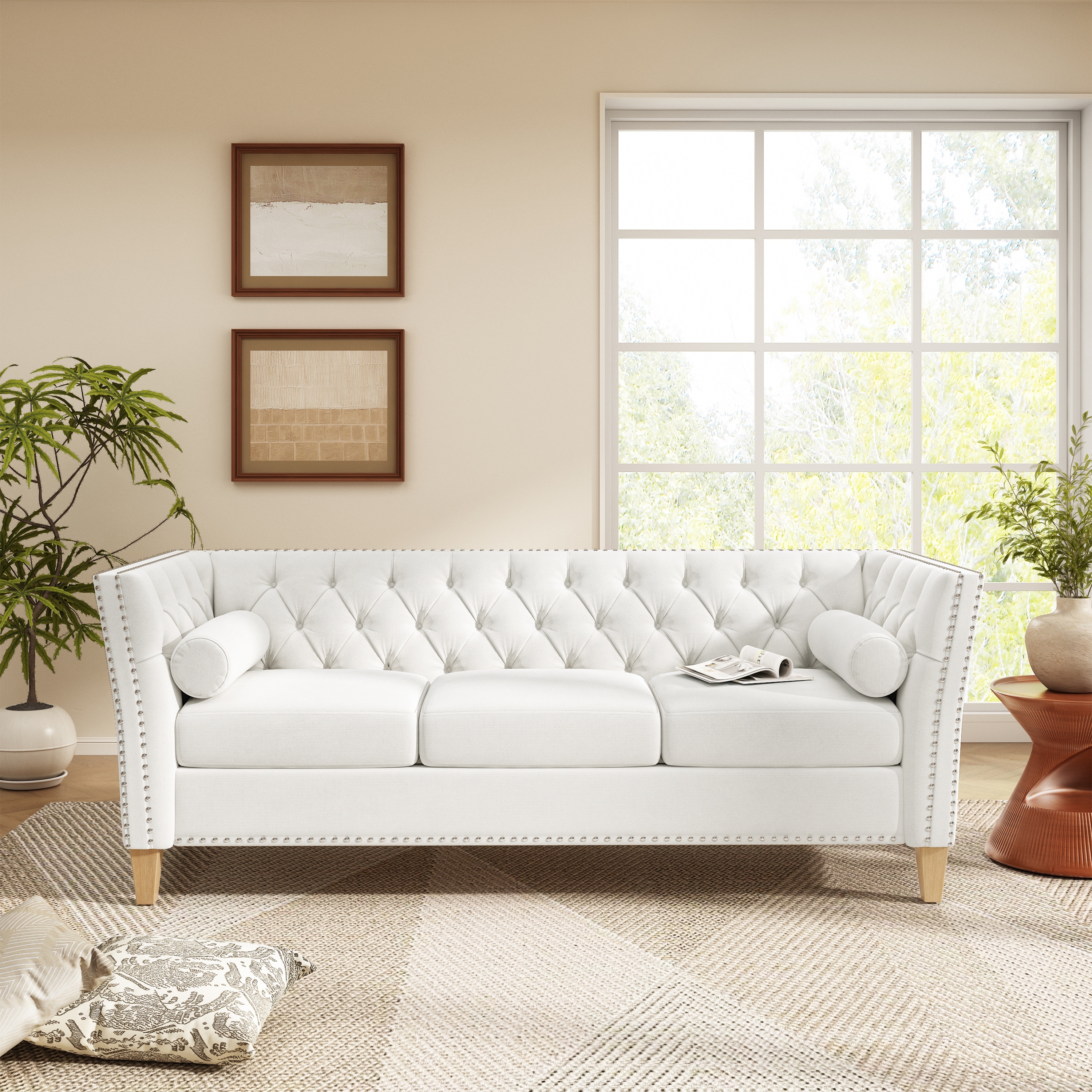 3-Seater Sofa Couch with Flared Armrests, Upholstered Sofa Settee Couch with Nailhead Trim and Wood Legs