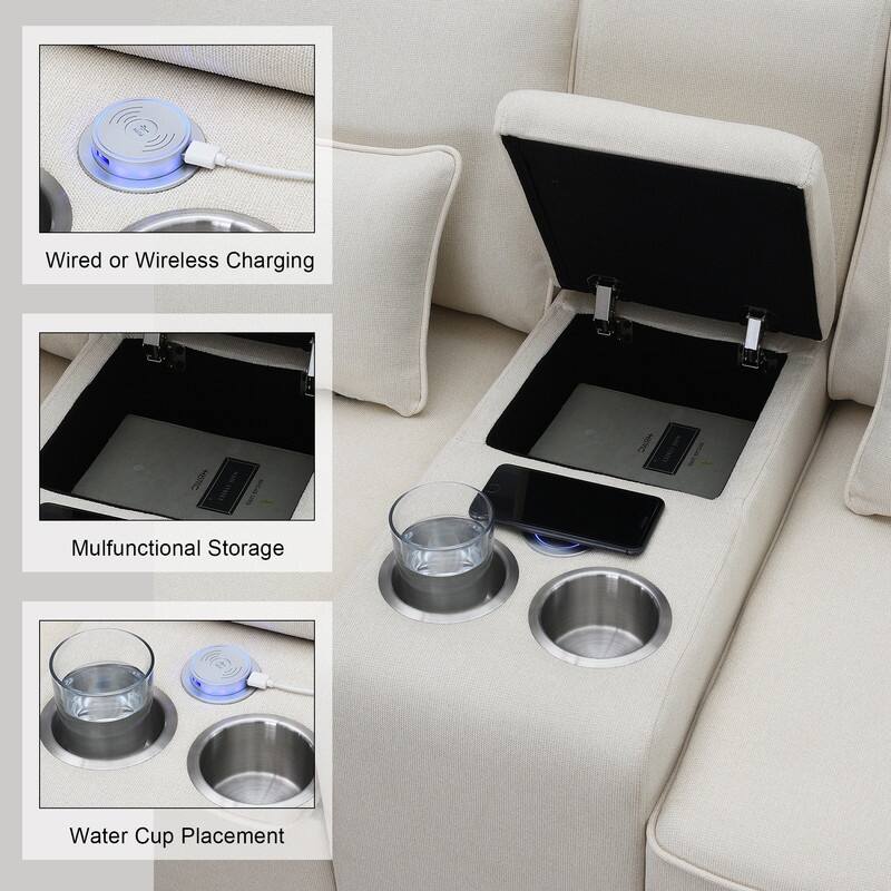 114.2" Upholstered with console, 2 cup holders and USB port (wired or wireless charging) with 4 pillows