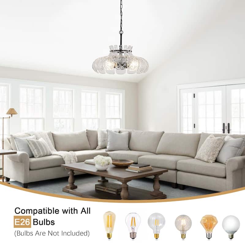 20.47-inch modern unique 4-light metal pendant lamp with glass ripple lampshade and adjustable height