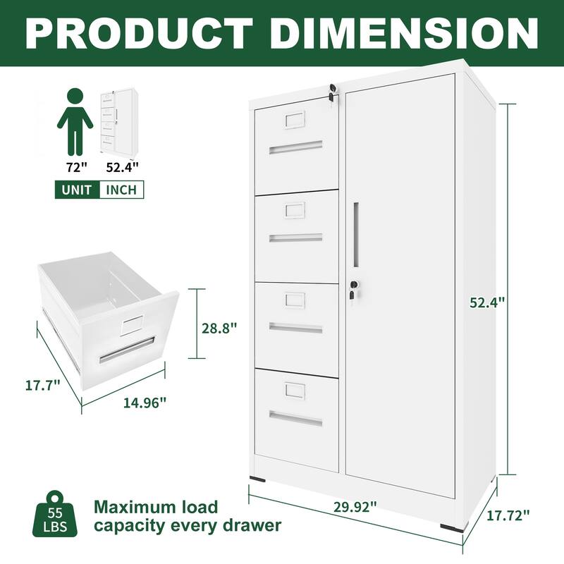 Metal Vertical Filing Cabinet with Wardrobe, Lockable Steel Office File Storage Cabinet with 4 Drawers and 1 Door