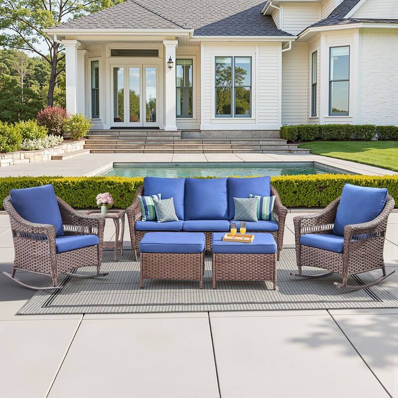 Pocassy 6 Piece Sofa Rocker Chair Table with Ottoman - Brown & Blue