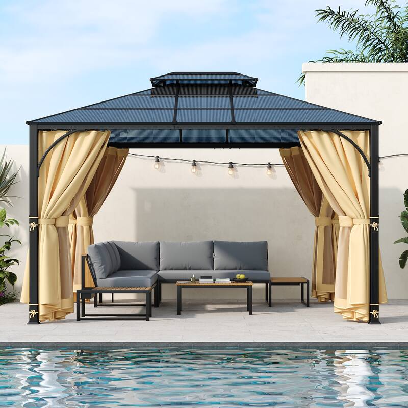 10'x12' Hardtop Double Roof Patio Gazebo with Double-Layer Side Walls, Mosquito Netting & Privacy Curtains