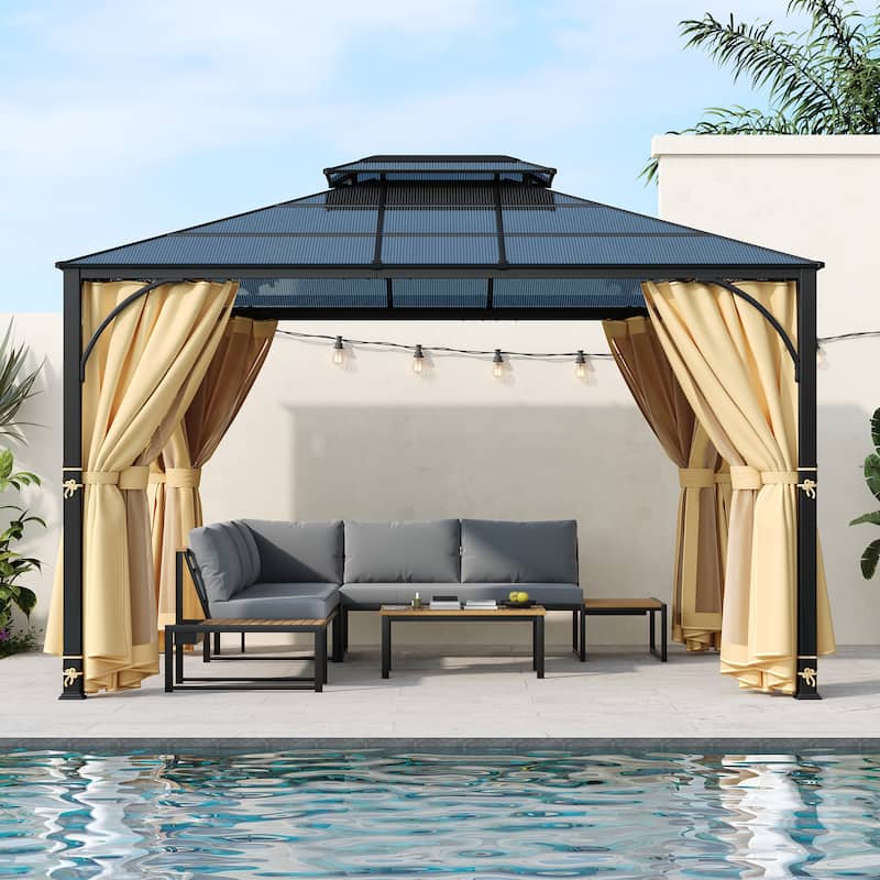 10'x12' Hardtop Gazebo - Aluminum Frame, Double Roof, Mosquito Net & Privacy Curtains for Patio, Garden, Backyard