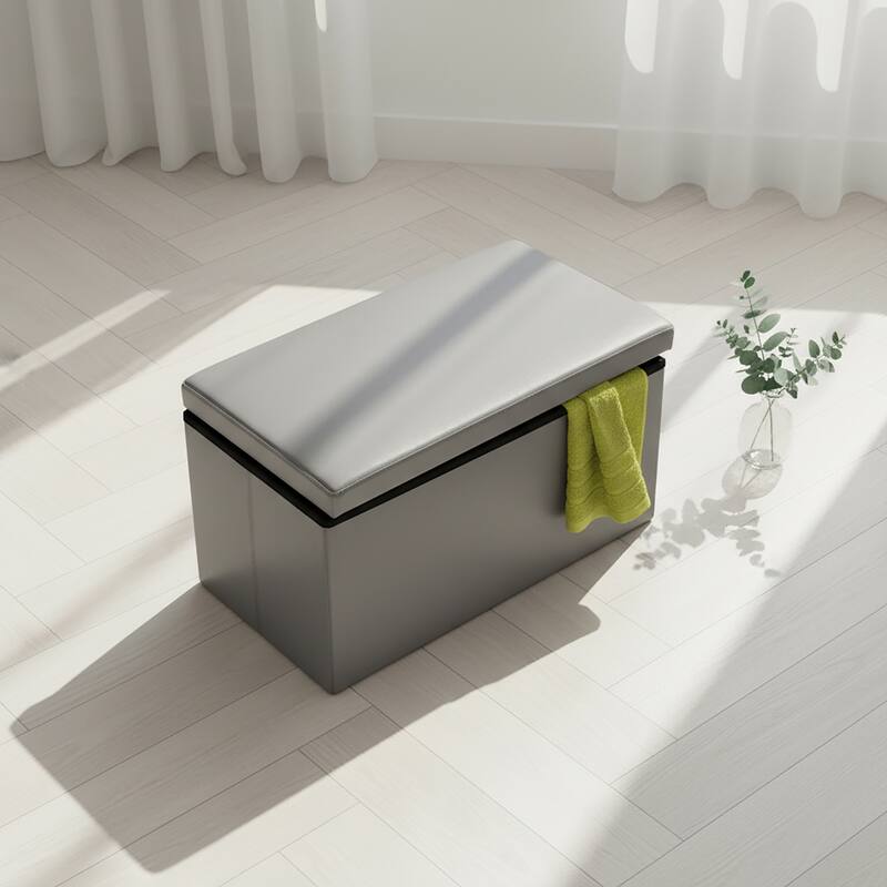2 in 1 Folding Storage Ottoman Bench Faux Leather - Grey