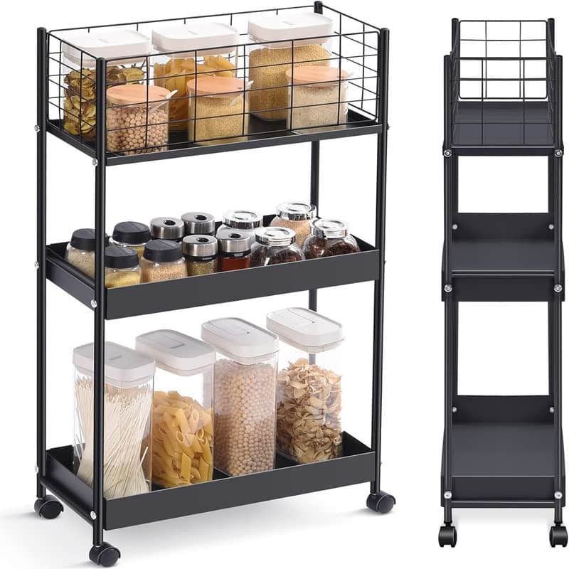 3-Tier Metal Rolling Utility Cart - 7.48"D x 16.7"W x 31.18"H - Black