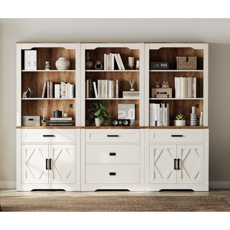 3-Column 73.3" Tall Bookshelf Set with Open Storage and Glass Doors